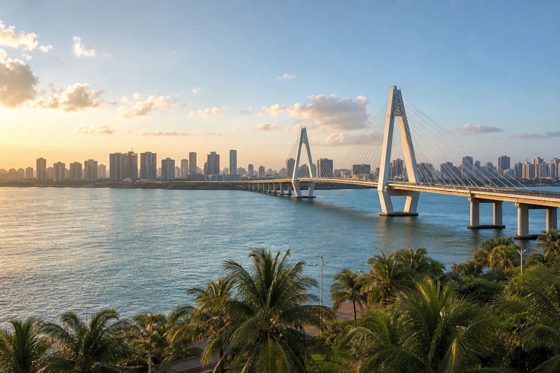 Haikou Bay, Century Bridge and the tropical waterfront