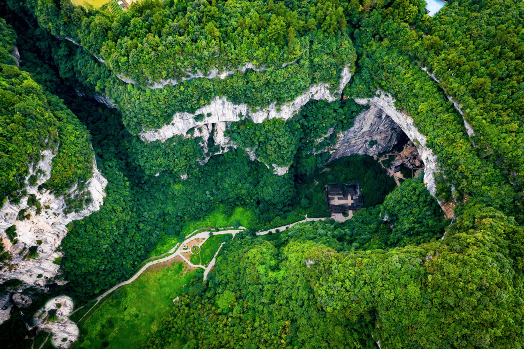 Aerial view of Wulong’s green karst landscape near Chongqing