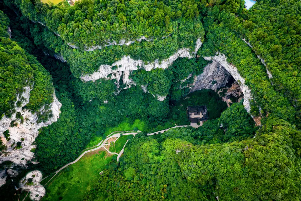 Aerial view of Wulong’s green karst landscape near Chongqing