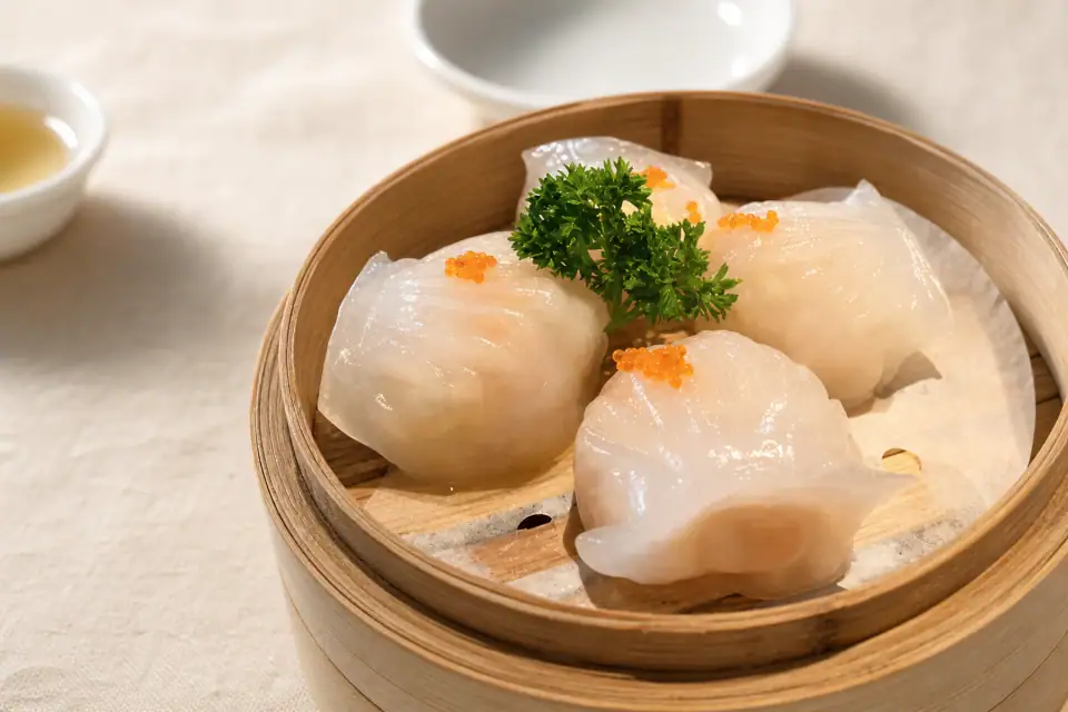 Cantonese shrimp dumplings served in a bamboo steamer