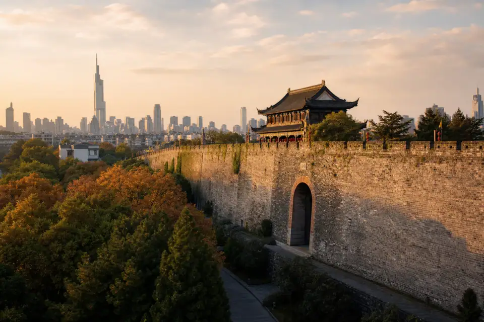 Nanjing’s ancient city wall with the modern skyline beyond