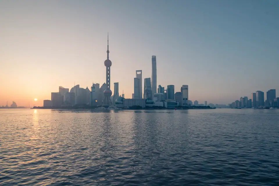 Shanghai skyline and the Huangpu River at sunset