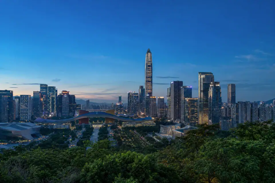 Shenzhen’s Futian skyline at blue hour