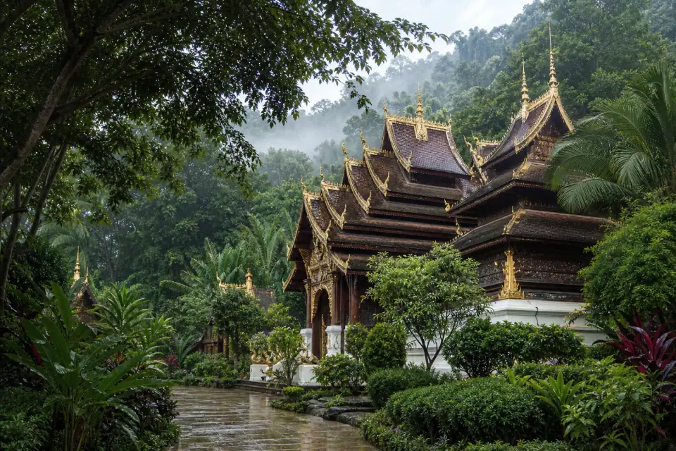 Dai-style temple architecture in Xishuangbanna’s tropical landscape